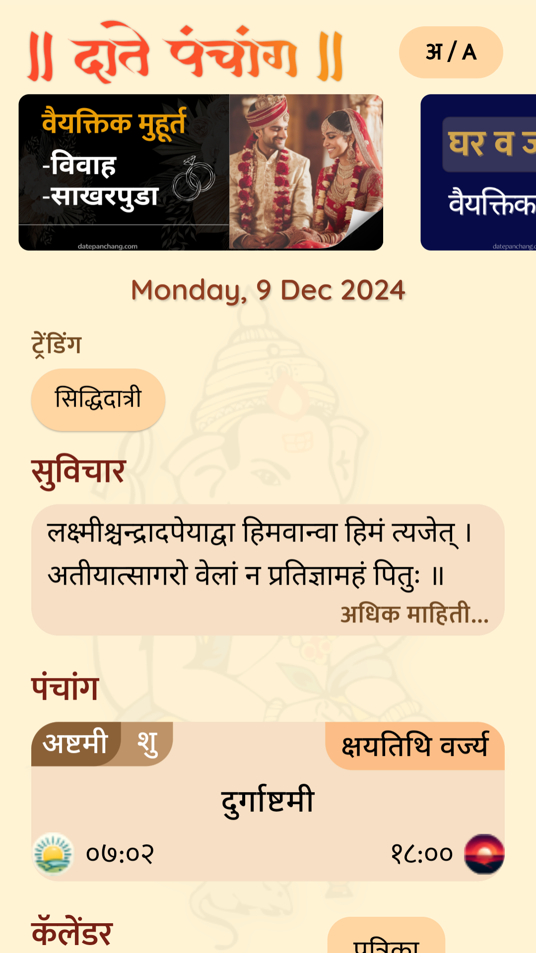 Date Panchang App Interface Preview