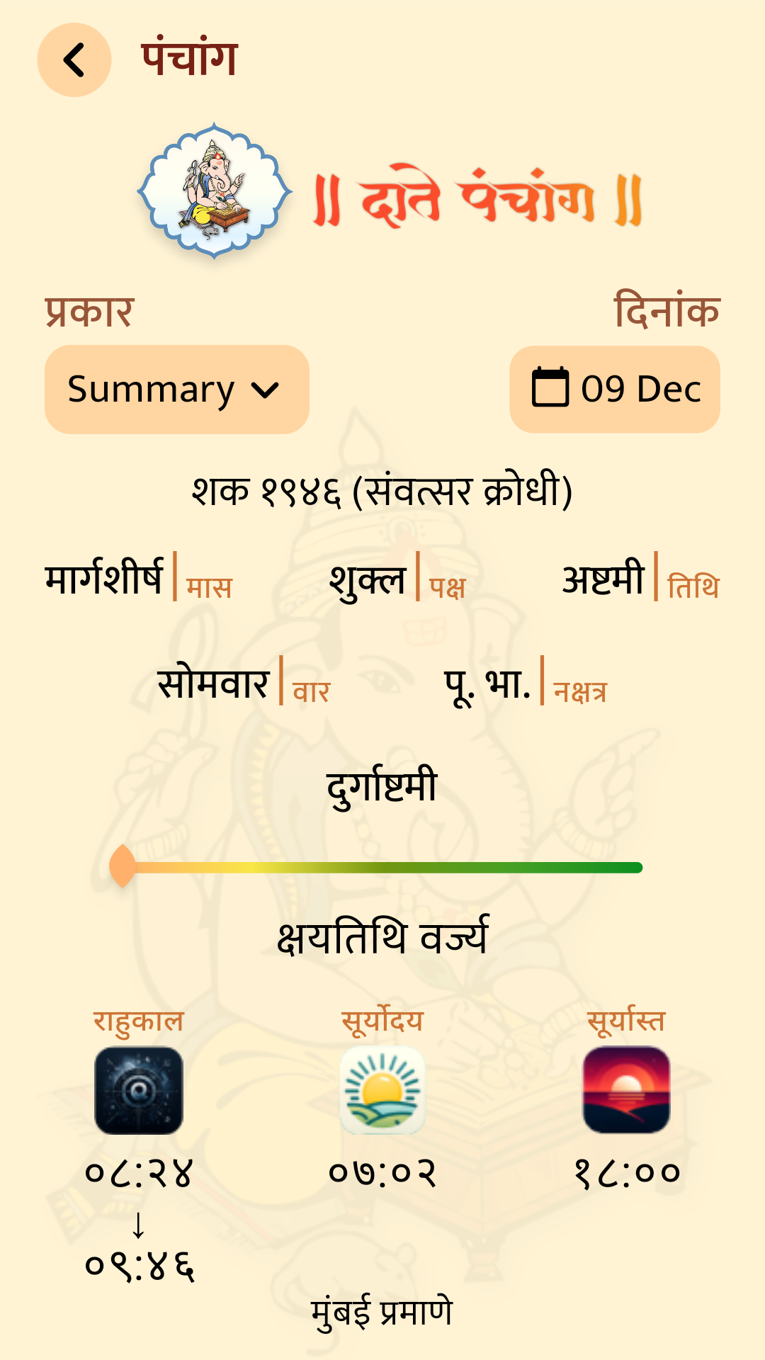 Date Panchang App Interface Preview